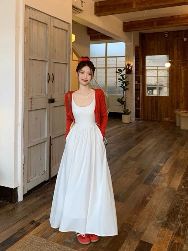 温柔风白色吊带连衣裙女夏季新款初恋长裙红色薄款长袖开衫两件套|undefined