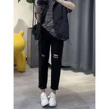 港风百搭牛仔九分裤夏韩版弹力修身休闲膝盖破洞青少年帅气小脚裤