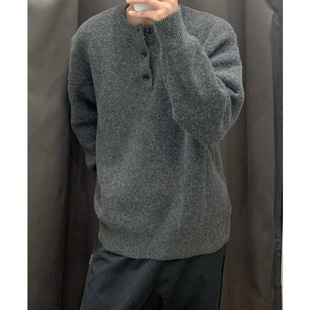 Winter Trendy Brand Solid Color All-match Henley Collar Sweater Men's American Style Loose Commuting Thickened Round Neck Knitted Wool Sweater