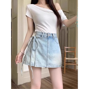 plus size High Waist Fake Two-piece Denim Shorts Women's 2025 Summer Design Sense Bow Lace-up A- line Hot Girl Culottes