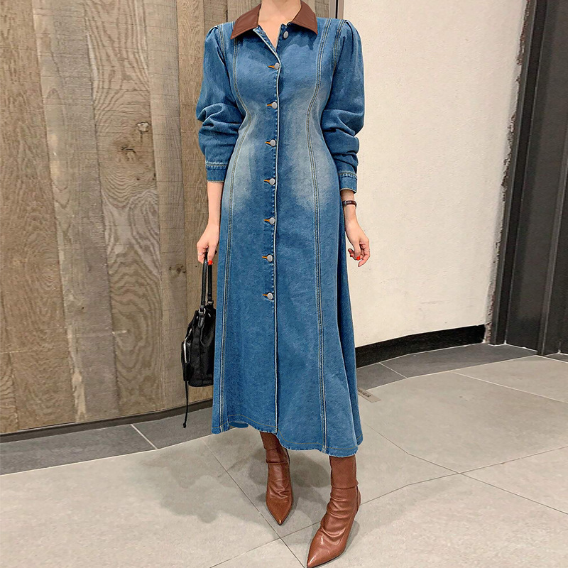 218660跨境女装欧美时尚牛仔拼接皮翻领排扣长袖收腰连衣裙直销|undefined