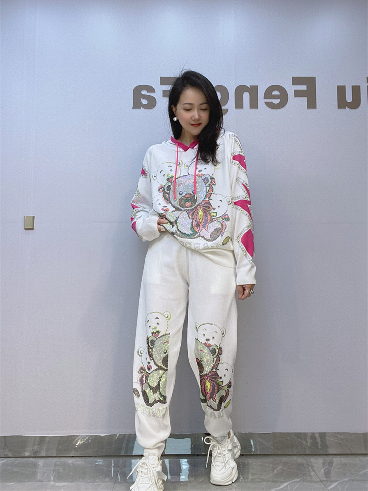 Encapuchado con capucha de punto de manga larga pantalones traje casual de las mujeres primavera y otoño Nuevo más tamaño de las mujeres pesado arte traje de dos piezas