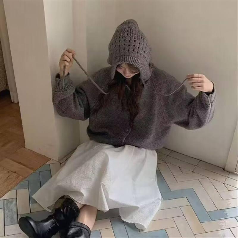 韩版镂空帽子包扣设计感针织开衫女早秋新款宽松纯色毛衣外套女潮|undefined