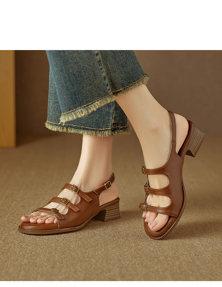 Sandal hở mũi nữ quai ngang gót thấp phong cách La Mã đơn giản — màu nâu chi tiết 9