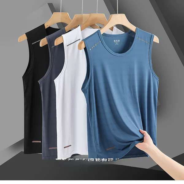 Summer Quick-Drying Breathable Sleeveless Sweat-Absorbent Training Fitness Clothing for Men Printed Elastic Large Size Round Neck Ice Silk Vest Quick-Drying