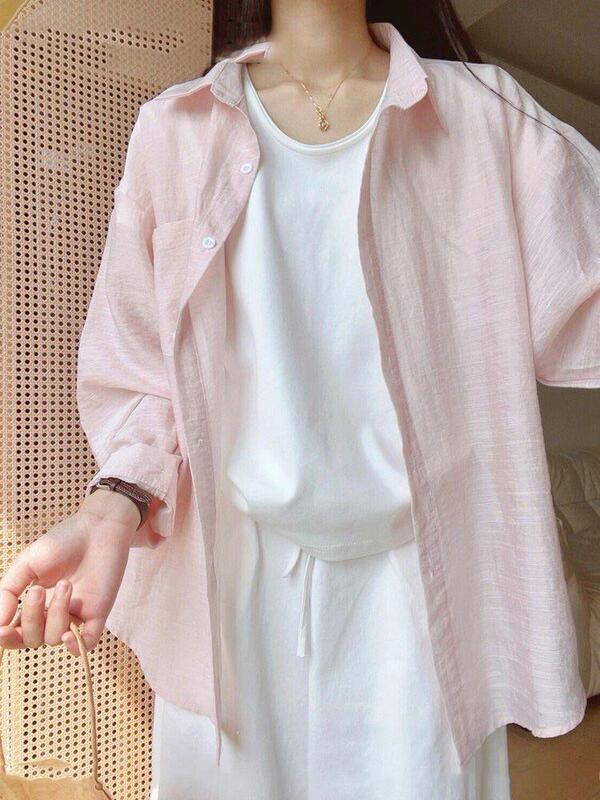Summer Thin Pink Chiffon Sun-Protective Shirt for Women, Korean Style, Petite Loose Lazy Style Jacket, Air Conditioning Shirt
