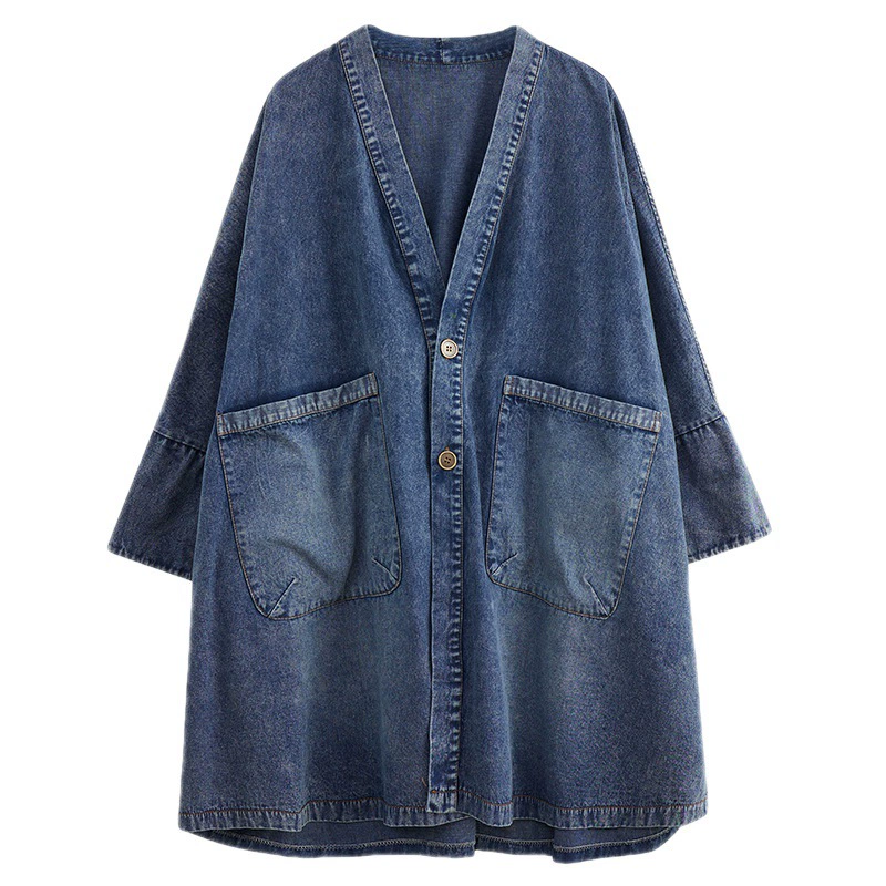 Retro denim autumn jacket, trench coat, 2022, V-neckline, oversize, mid-length