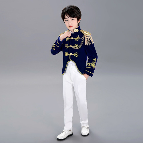 Children's velvet blue navy style boys and girls stage performance clothing catwalk drum band flag-raising military dress