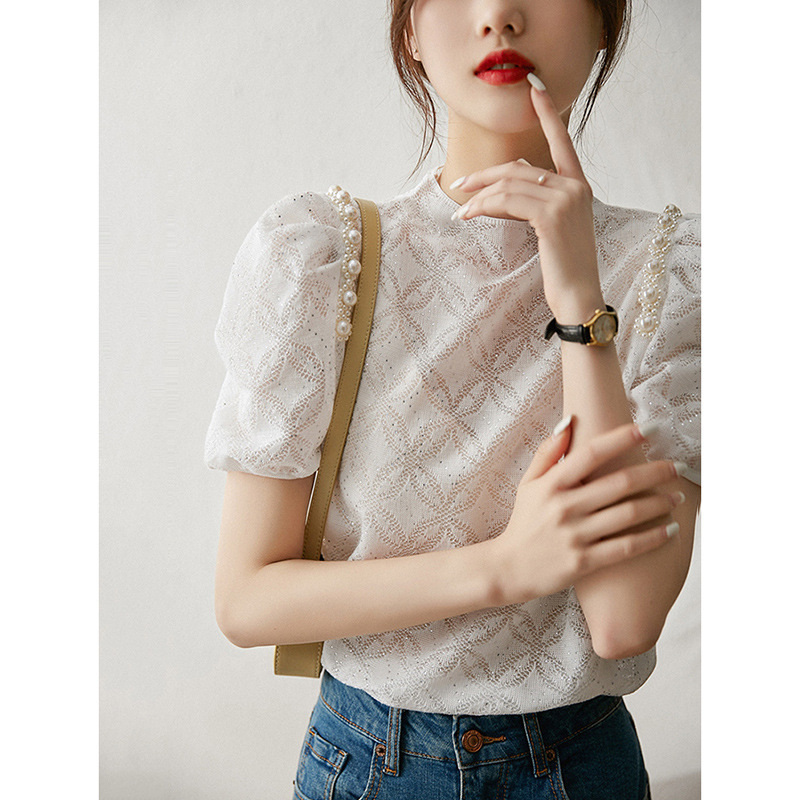 7053 Star-like Dazzling Three-dimensional Brilliant & Hot Drilling Shoulder Beads & Bubble Sleeve Bright Silk Knitted Sweater for Women