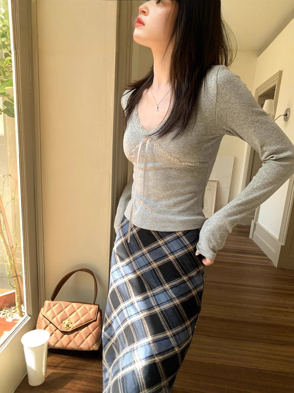 甜美蕾丝长袖T恤女早秋新款小个子白色上衣系带修身内搭打底衫潮|undefined