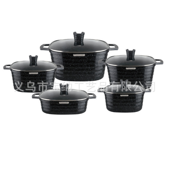 Juego de ollas cuadradas de 10 piezas para comercio transfronterizo, juego de ollas de aluminio fundido antiadherente, olla cuadrada para sopa con rayas horizontales, venta al por mayor