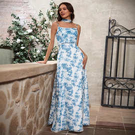 2026新款吊带碎花洋裙修身抹胸成人礼服开衩复古连衣裙外贸晚礼服