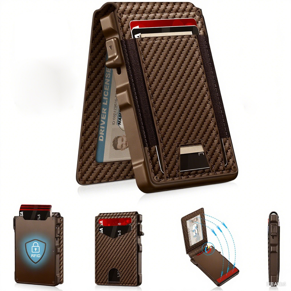 Cartera RFID antirrobo de fibra de carbono personalizada doble cartucho de metal de gran capacidad flip cartera de cuero para hombres