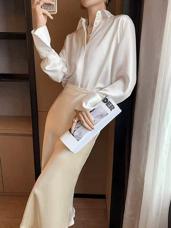 醋酸高级感女上衣2025秋季新款缎面白衬衫法式气质正装职业衬衣|undefined