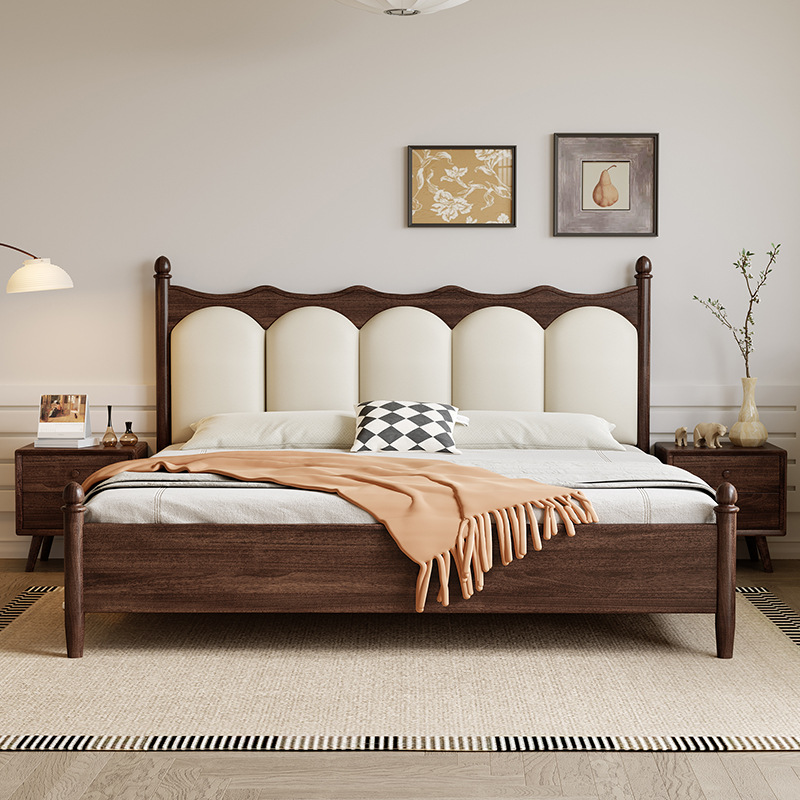 Cama de madera sólida americana retro 1.8m cama doble cama de almacenamiento cama de lujo ligera negra cama de cuero suave cama de respaldo de 1.5m cama