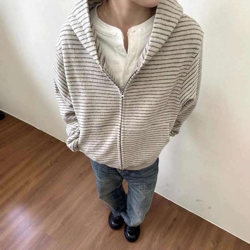 Striped fleece cardigan hooded sweatshirt for men and women, spring and autumn, American retro loose-fitting couple's boxy zip-up jacket, trendy