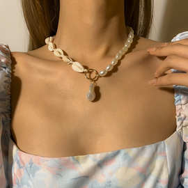 欧美跨境饰品  新款复古巴洛克珍珠项链 手工编织贝壳锁骨链颈链