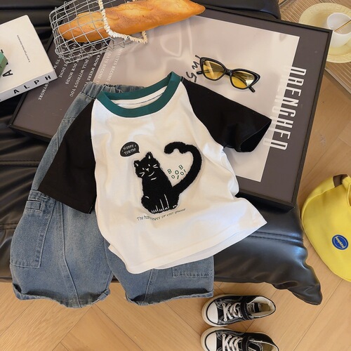 New spring and autumn baby patch color contrasting girls and children's short-sleeved T-shirt cartoon boys 'top base T-shirt top