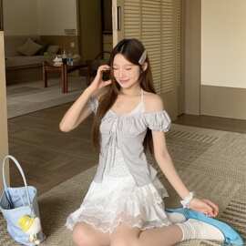 纯欲辣妹设计感挂脖假两件碎花蝴蝶结短袖上衣图片色夏季女生休闲
