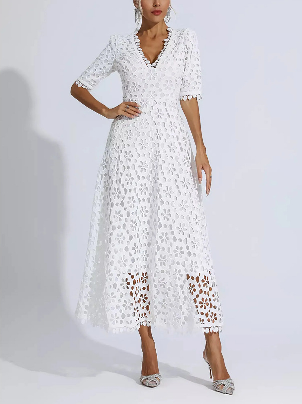 Women's Deep V Neck mid Length Lace Evening Dress Spring/Summer New Arrival European American Style Regular Size_ecoleips.com