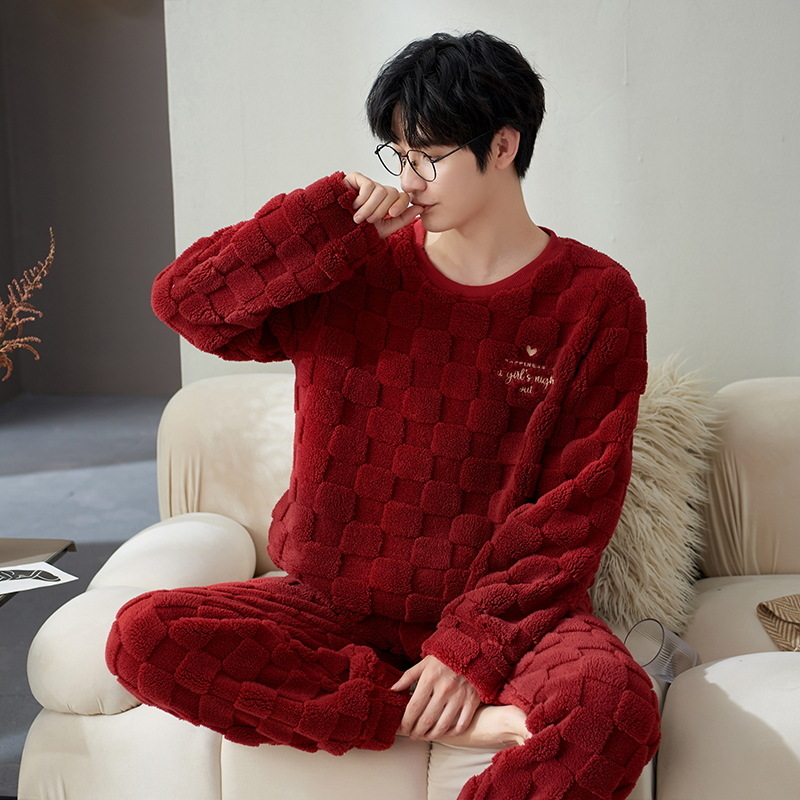 Pijamas de hombre Otoño e Invierno de los hombres de lana de coral de franela de invierno de la boda roja ropa para el hogar invierno