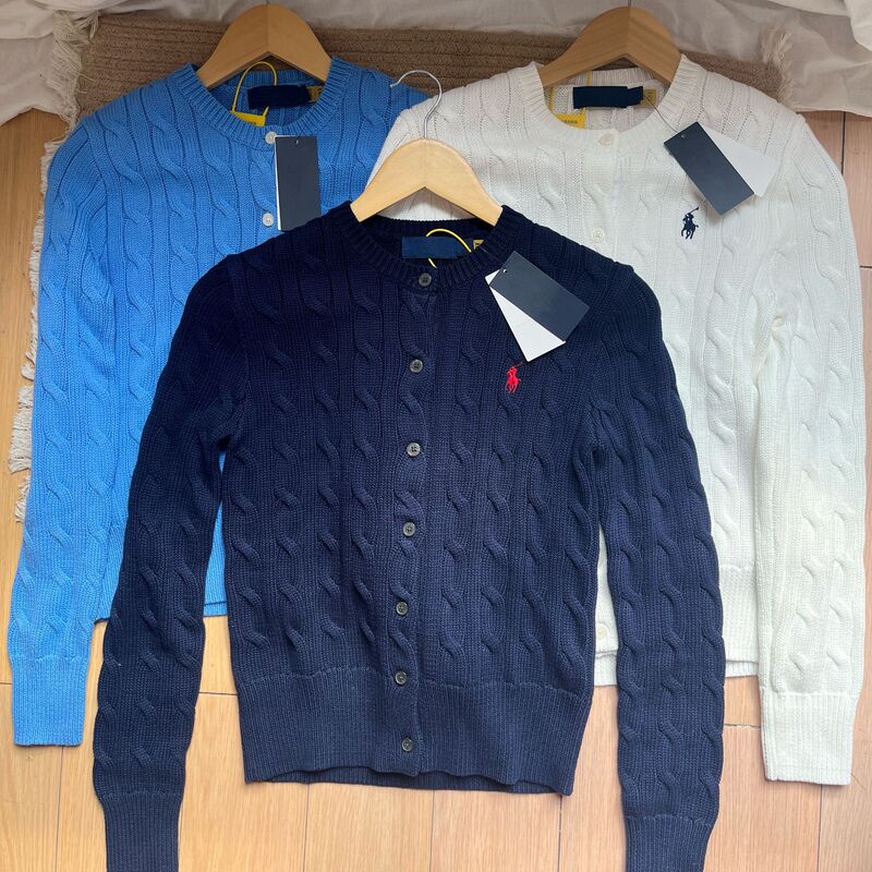 Can Scan Code 100 Cotton Rl Autumn and Winter Raff Pony Logo Twist Embroider Round Neck Long-Sleeved Knitwear Knitted Cardigan