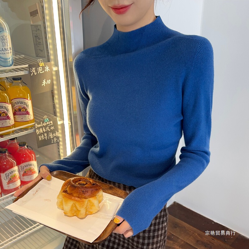Klein Blue Half Turtleneck Bottoming Shirt for Women, Autumn and Winter New Sapphire Blue Sweater Knitted Long-Sleeved Top