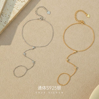 榕树下S925纯银亚马逊爱心镶钻连指手链女一体式时尚小众手饰批发