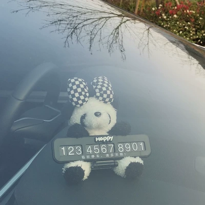 Car temporary parking number plate cute cartoon plush panda car phone number sign car interior decoration accessory