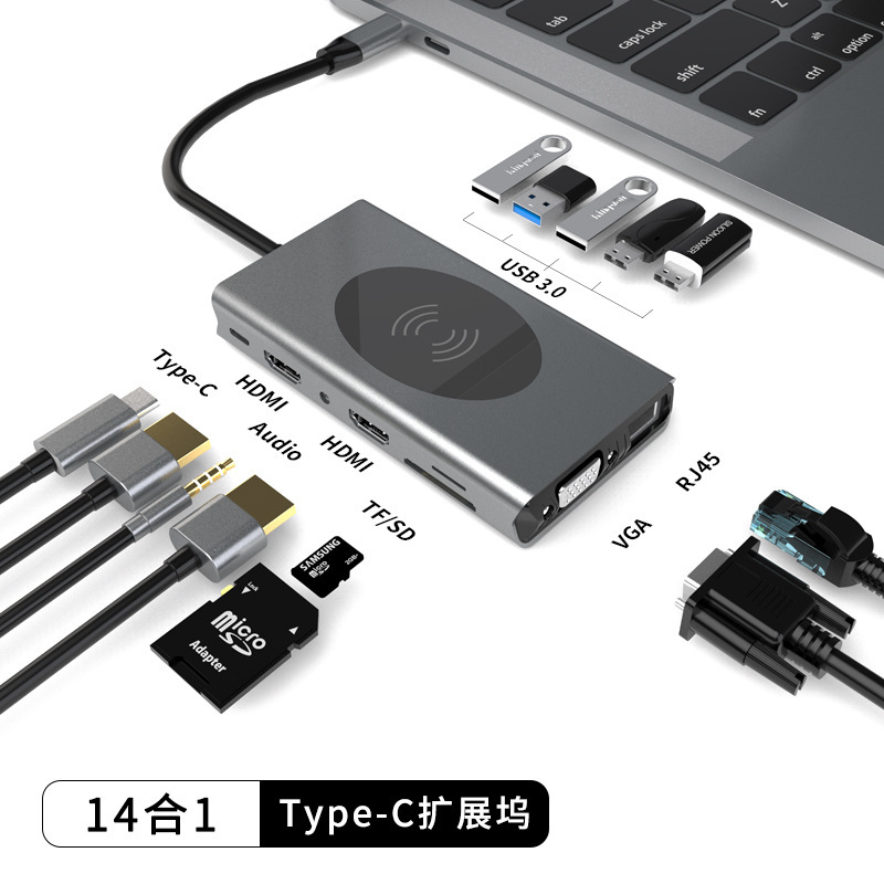 Oem Type-C Docking Station USB Hub Multi-Function Hub 14-in-1 Wireless Charging Docking Station Multi-Interface