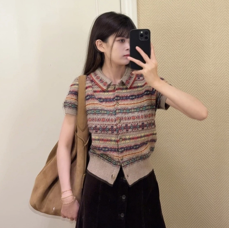 ------------ Be1020A Real Shot! Autumn/Winter 25 Fair Isle Pattern Coarse Knit Wool Short-Sleeve Cardigan ------------ Be1020A Real Shot! Autumn/Winter 25 Fair Isle Pattern Coarse Knit Wool Short-Sleeve Cardigan