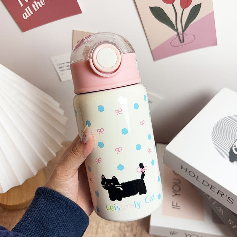 Taza termo de gatito simple, linda chica de alto valor, taza de sorbente para estudiantes, taza para beber doble de acero inoxidable 316 para niños