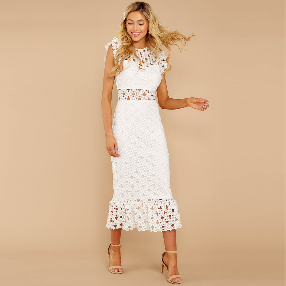 Women's A-line Skirt Fashion Round Neck Lace Short Sleeve Solid Color Maxi Long Dress Holiday Street display picture 5