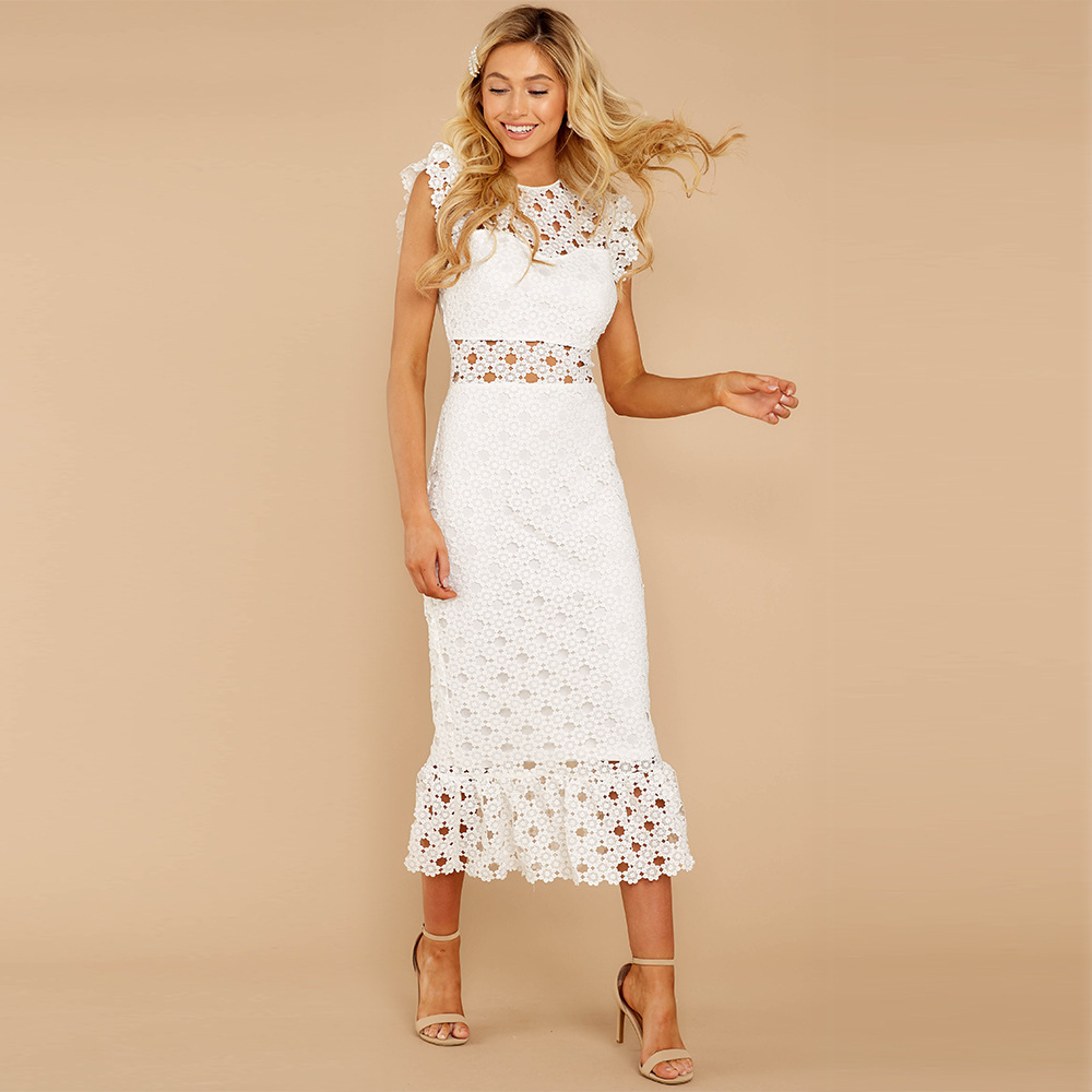 Women'S Gender Lace Design Fashion Style Wholesale Women'S Fashion Lace Solid Color Holiday Street Round Neck Short Sleeve A-Line Skirt