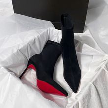 秋冬季百搭红底短靴女百搭细跟尖头瘦瘦靴性感御姐高跟鞋靴子加绒