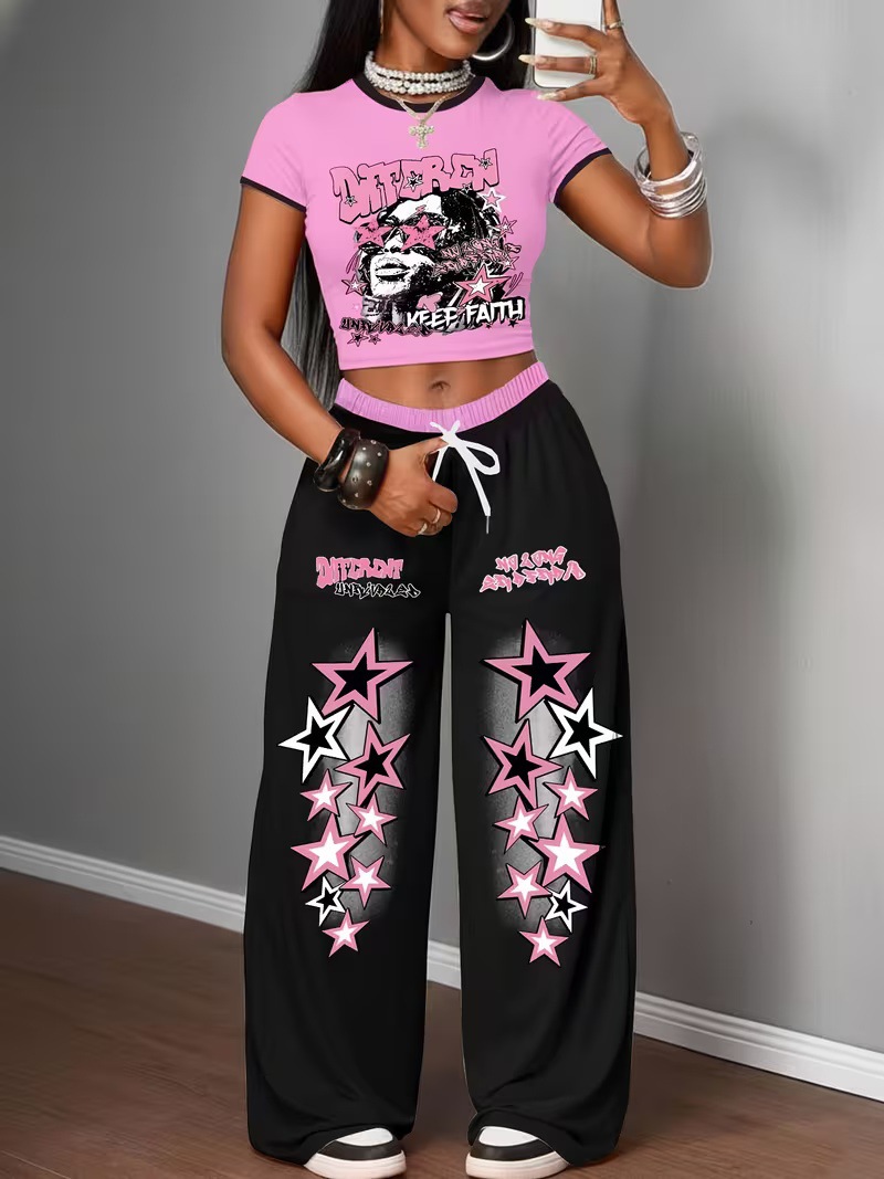 Y2K Women's Two Piece Set Style Digital Print Short T-Shirt Wide Leg Trousers Spring Summer Sexy_ecoleips.com