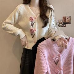 厚い優しさの小さい香りの風の短いタイプのメリヤスのカーディガンのセーターの秋の新型の甘い立体の花のピンクの上着