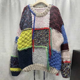 秋冬新款跨境男女同款复古撞色流苏彩虹格重手工毛衣sweater