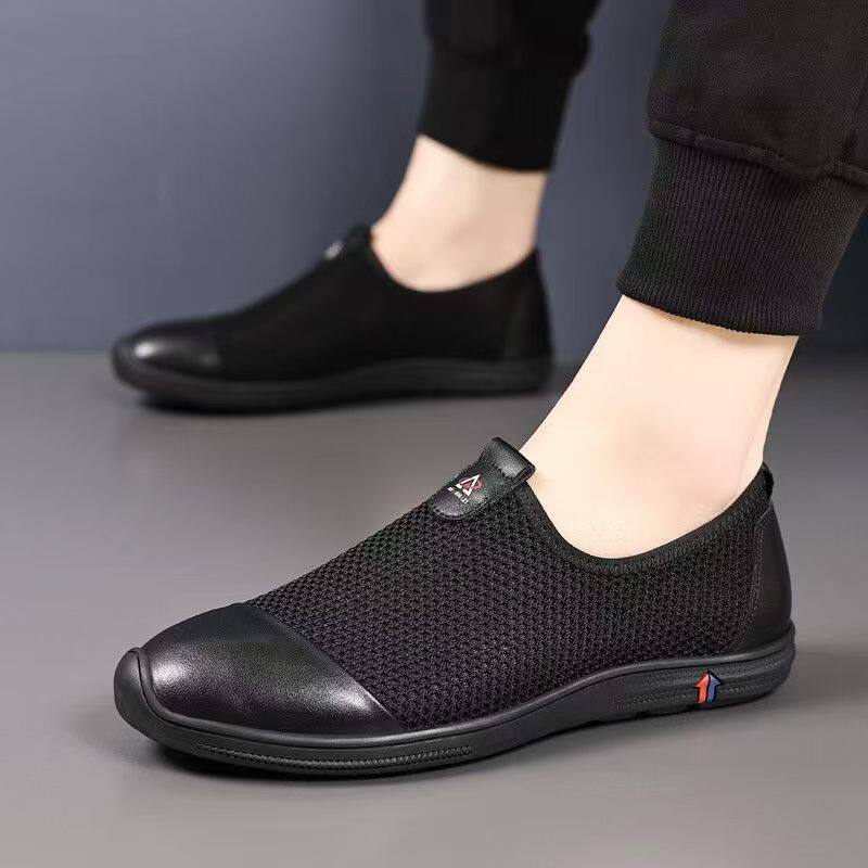 Giày sandal nam lười đế bằng, mũi tròn, thân lưới thoáng khí, phong cách casual — Màu kaki, màu đen