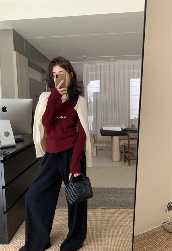 韩系温柔半拉链连帽针织衫女秋冬内搭慵懒修身打底毛衣设计感上衣|undefined