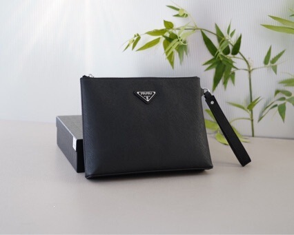 Prada Men's Luxury Clutch Bag Casual Handbag Cross-Grain Genuine Leather Wallet Business Envelope Bag Real Shot