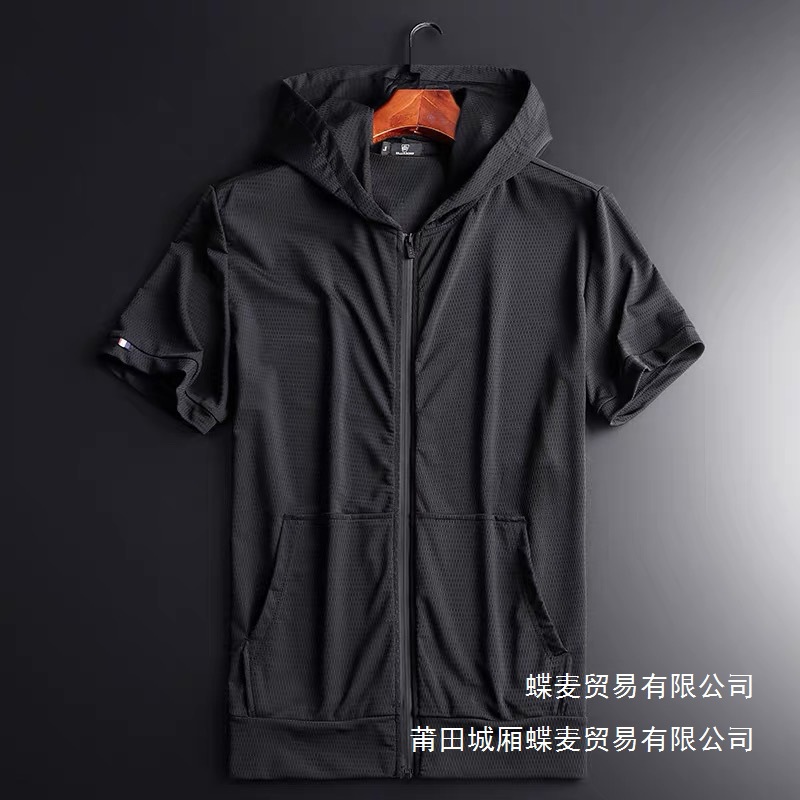 夏季薄款冰丝连帽T恤男半袖拉链宽松开衫短袖网眼运动卫衣外批发