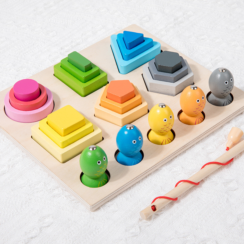 Forma geométrica de pesca magnética de madera a juego dos en uno conjunto de bloques de construcción de columnas coordinación mano-ojo juguetes educativos de educación temprana
