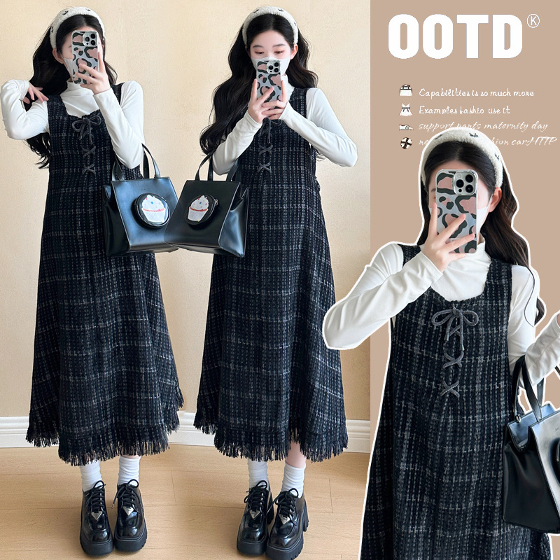 Korean Style Chanel Style Tassel Black Plaid Vest dress Women's 2024 Autumn Maternity Dress