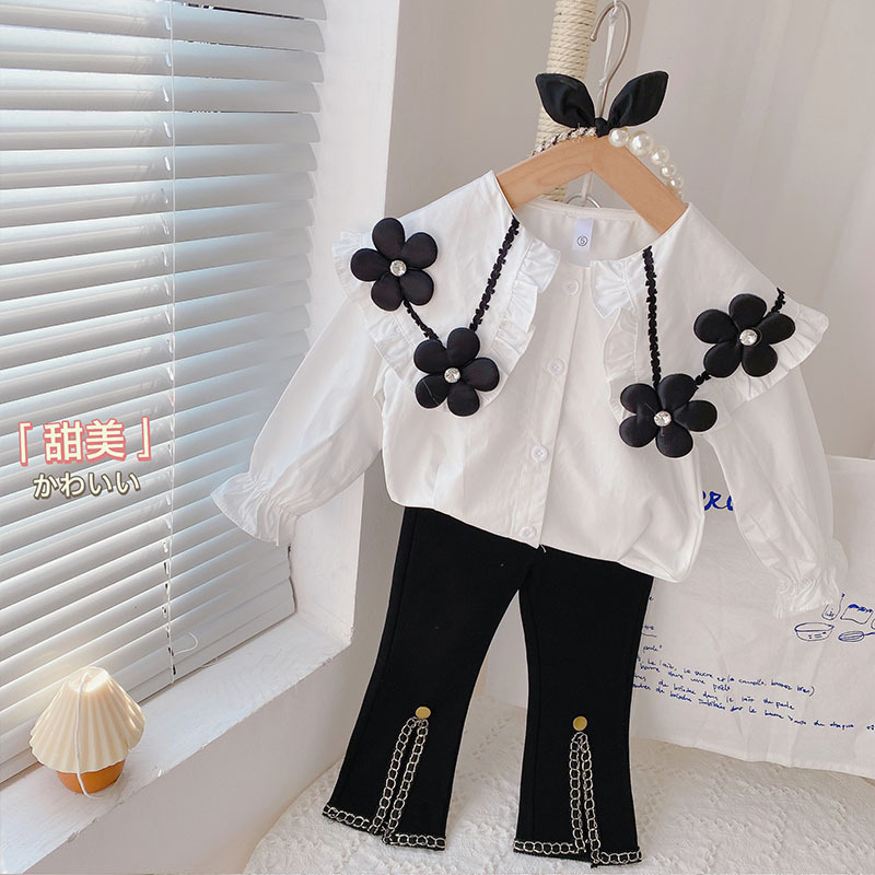 Ancorelala秋季女童新款童装可爱大花朵衬衫加喇叭裤两件套