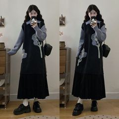 大码女装假两件针织提花长款毛衣百褶裙连衣裙女2025早秋新款裙子