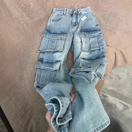 High-Heeled Vintage American Workwear Denim Jeans for Men Loose American Street Style Multi-Pocket Wide-Leg Floor-Length Pants Trendy