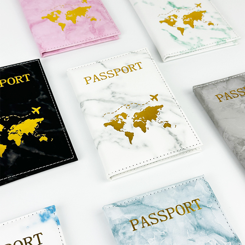 Spot cross-border de mármol de un solo borde estampado en caliente mapa pasaporte clip protección pasaporte multicolor Este conjunto se puede personalizar bolsa de pasaporte