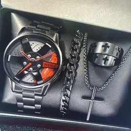 男士商务手表假三眼日历罗马刻度石英腕表十字架项链手链戒指套装