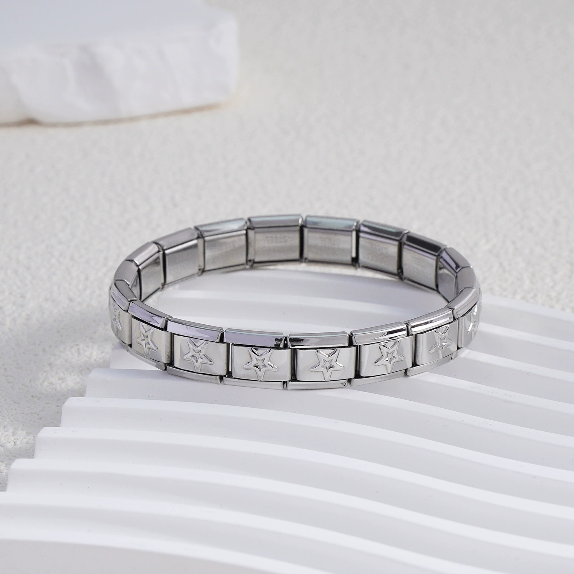 stainless steel bracelet, removable elastic link watch strap, italian european style, assorted charms